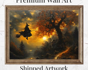 Halloween Witch&#39;s Flight - Mystical Autumn Artwork | Poster | Canvas | Framed Wooden Painting