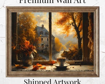 Vintage Fall Window Art | Rustic Autumn Coffee Scene | Moody Gothic Home Decor | Fall Printable | Framed Canvas or Poster