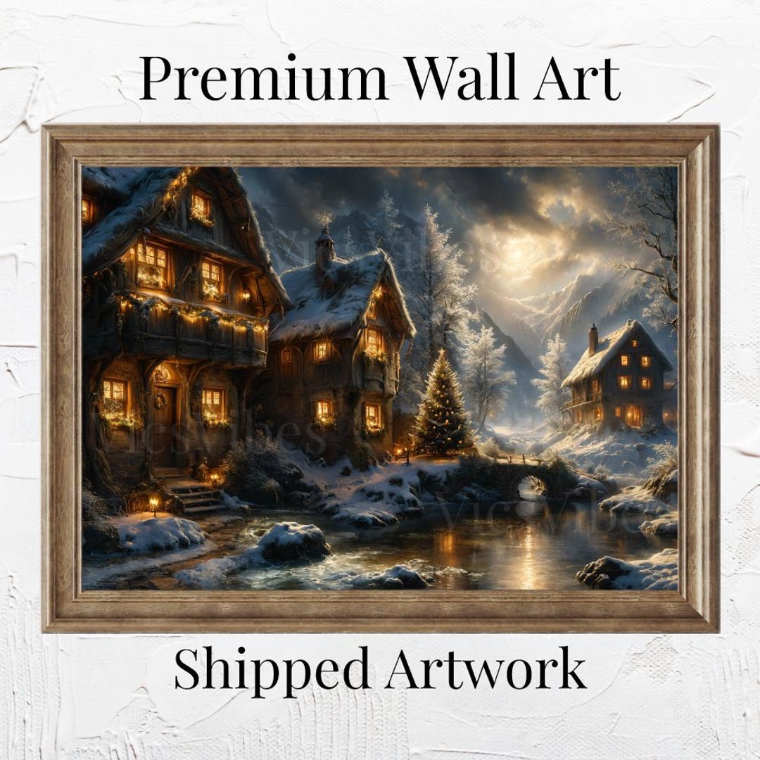 Snowy Cabin Wall Art Christmas Winter Scene Print Cozy Fireplace ...
