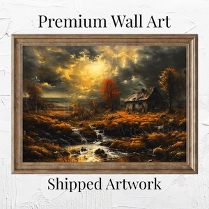 Herbst Landschaft Wand Kunst Herbst Landschaft Szene Fließenden Strom Gerahmtes Herbst Poster Gemütliche Natur Dekor Stimmungsvoll Himmel Bäume Leinwanddruck