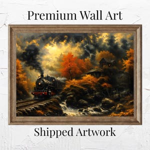Zug Landschaft Wand Kunst Herbst Dampf Zug Poster Herbst Wald Szene Gemütliche Hütte Wand Dekoration gerahmt rustikale Bach Malerei Leinwand
