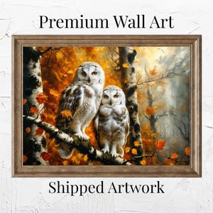 Eule Malerei Vintage Druck Rustikal Herbst Wald Szene Herbst Wildtiere Wohnkultur Gerahmt Leinwand oder Poster Eulen Liebhaber Wand Kunst Versendet Dekor