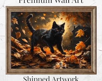 Gato preto em folhas caindo - magia do outono | Opções físicas e digitais | Pôster | Tela | Pintura em madeira emoldurada