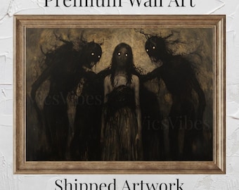 Gothic Vintage Oil Painting Metal Print Canvas Art For Her Shadowy Figures Wall Art Dark Academia Eerie Décor Horror Gifts Moody Creepy Art