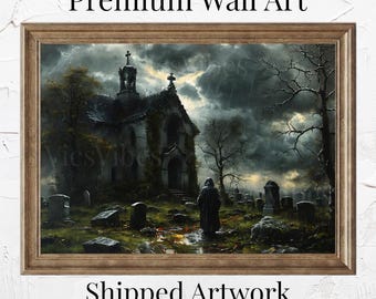 May include: A dark, moody painting of a stone church in a graveyard. The church is overgrown with vines and the sky is cloudy and stormy. A lone figure walks away from the church in the distance.