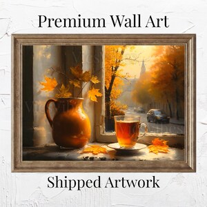 Gemütliche Herbst Fenster Szene mit Tee und Blättern Herbst Wand Kunst Poster Leinwand oder gerahmter Druck für Warm Home Decor