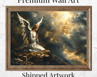 Vintage Angel Wall Art Christian Religious Decor Vintage Angelic Art Spiritual Canvas or Poster Christian Fine Art Angel in Prayer Artwork