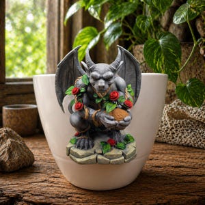 May include: A gray gargoyle statue with red roses and green leaves decorates a white ceramic planter. The gargoyle holds a brown substance in its hands. The planter sits on a wooden surface near a window.