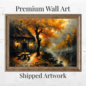 Rustikales Haus Wand Kunst Herbst Fluss Szene Herbst Laternen Eingerahmt Gemütliche Hütte Warme Bäume Neblig Abenddämmerung Landschaft Poster Leinwanddruck Wohnkultur