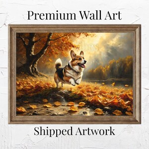 Hund Corgis läuft durch Herbstlaub Poster Leinwand oder gerahmter Druck Haustierdekor