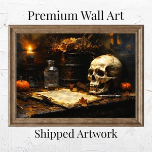Schädel Kunst Leinwand Halloween Dekor Spooky Gothic Stillleben Kerze Herbstlaub Kürbis dunkel Herbst Wand Kunst gerahmtes Poster