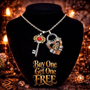 May include: A steampunk-style necklace featuring a key pendant with a red heart and a lock pendant. The key and lock are silver and gold with intricate gear details. The text "Buy One Get One FREE" is displayed below.