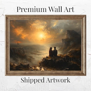 Romantische Paar Wand Kunst Sonnenuntergang Klippe Szene Neblige Landschaft gerahmt Landschaft Dekor Sonnenaufgang Poster Dramatische Ansicht Leinwand Fantasy Druck