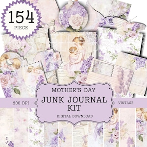 Kit diario spazzatura per la festa della mamma, giardino di lillà per la festa della mamma, vintage, primavera, viola, lavanda, carta stampabile, kit di effimeri download digitale