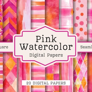 May include: A collection of 20 digital papers with pink watercolor designs. The papers feature various patterns, including stripes, dots, chevrons, and geometric shapes, in shades of pink and orange. The text "Pink Watercolor Digital Papers" is displayed in a decorative frame.