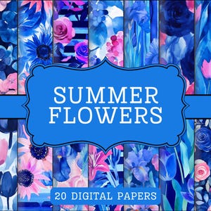 Blue Summer Flower Digital Papers, Spring Floral Watercolor Scrapbook paper, bright teal flower background commercial use