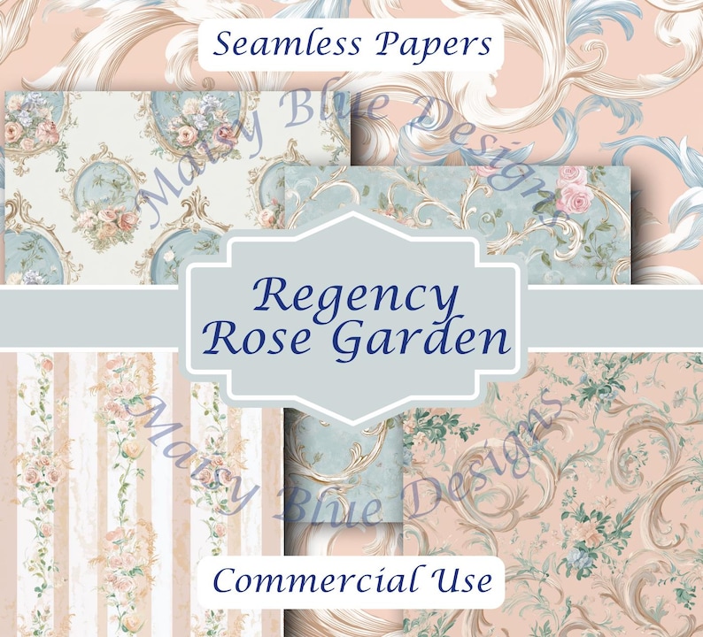 Regency Rose Garden Digital Paper Pack, Floral Patterns (commercial ...