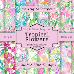 Tropische Blumen, digitales Papier, Blumenmuster zum Basteln, Scrapbooking und Design, Sommerblumen, nahtloses Papier aus Aquarell