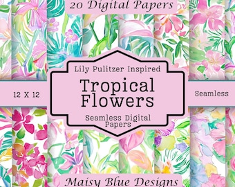 Watercolor Tropical Flower Pages, Seamless Floral Patterns (Digital Download)