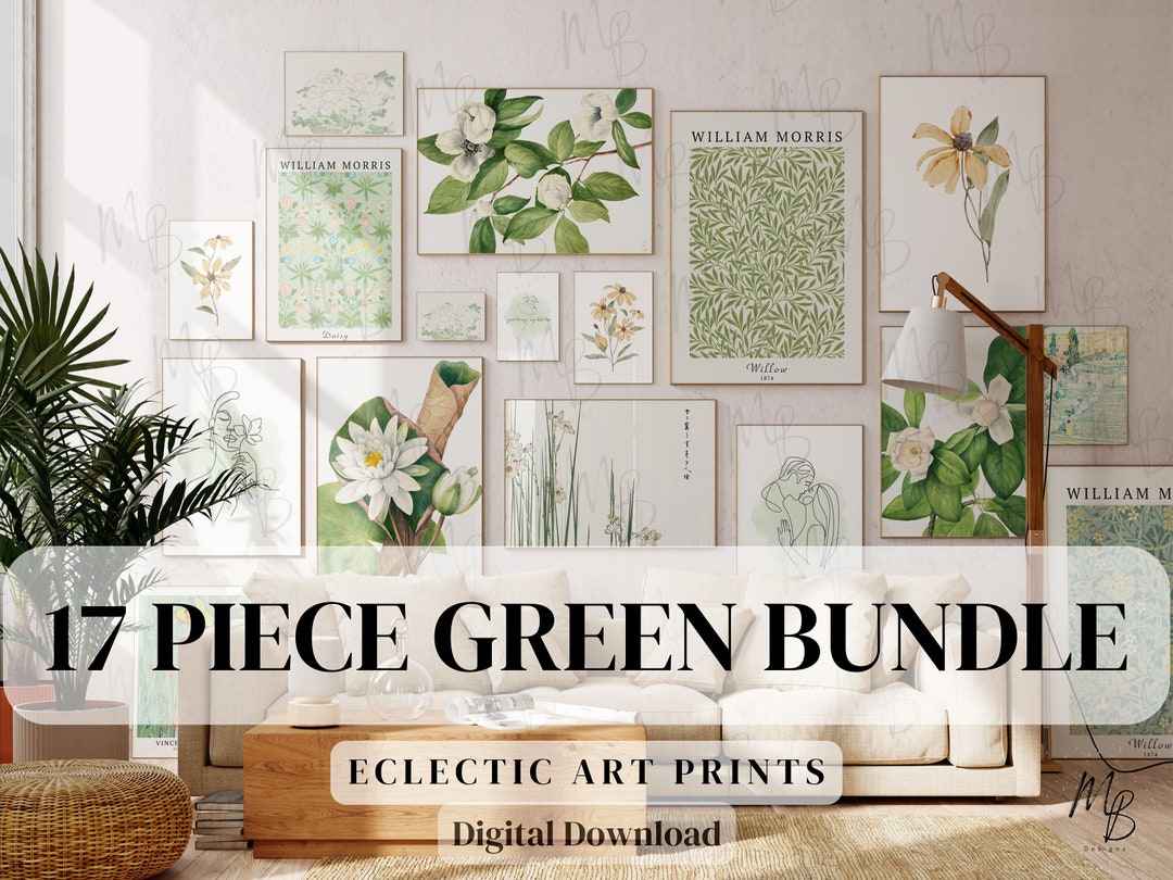 Green Gallery Wall Set, Vintage Eclectic Printable Wall Art, Eclectic