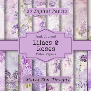Kit imprimable de journal indésirable lilas, éphémères floraux vintage, pages de scrapbooking numériques pour projets créatifs, papier journal indésirable floral