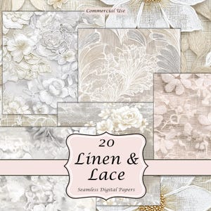 Peut inclure: Un collage de 20 papiers numériques sans couture avec des motifs de lin et de dentelle. Les papiers présentent des motifs floraux dans des tons de blanc, crème et beige. Le texte "Linen & Lace" est affiché sur une bannière rose.