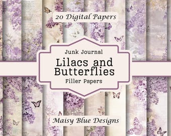 Strony dziennika „Lilac Butterfly Junk Journal”, vintage'owe kwiatowe efemerydy (do pobrania w wersji cyfrowej)