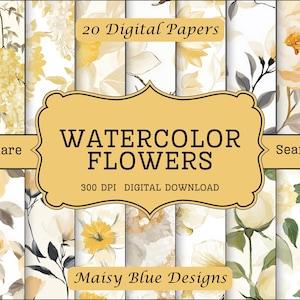 Yellow Watercolor Flower Digital Papers, Spring Floral Watercolor Scrapbook paper, bright flower background commercial use