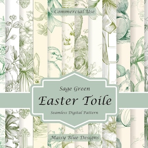 May include: Sage green Easter toile seamless digital pattern. The design features illustrations of animals, flowers, and architectural elements. The text "Commercial Use" is at the top, and "Sage Green Easter Toile" is in the center. The designer's name is at the bottom.