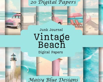 Vintage Summer Beach Junk Journal Pages, Ephemera (Digital Download)