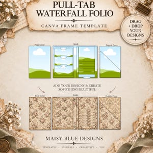 May include: A digital template for a pull-tab waterfall folio featuring a front cover, inside layout with pockets, and outside cover. The design includes placeholders for images, floral patterns, and text reading PULL-TAB WATERFALL FOLIO.