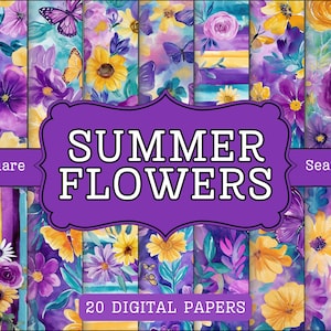 Purple Summer Flower Digital Papers, Spring Floral Watercolor Scrapbook paper, bright teal flower background commercial use
