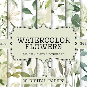 Watercolor Flower Digital Papers, Sage Green Spring Floral Watercolor Scrapbook paper, bright flower background commercial use