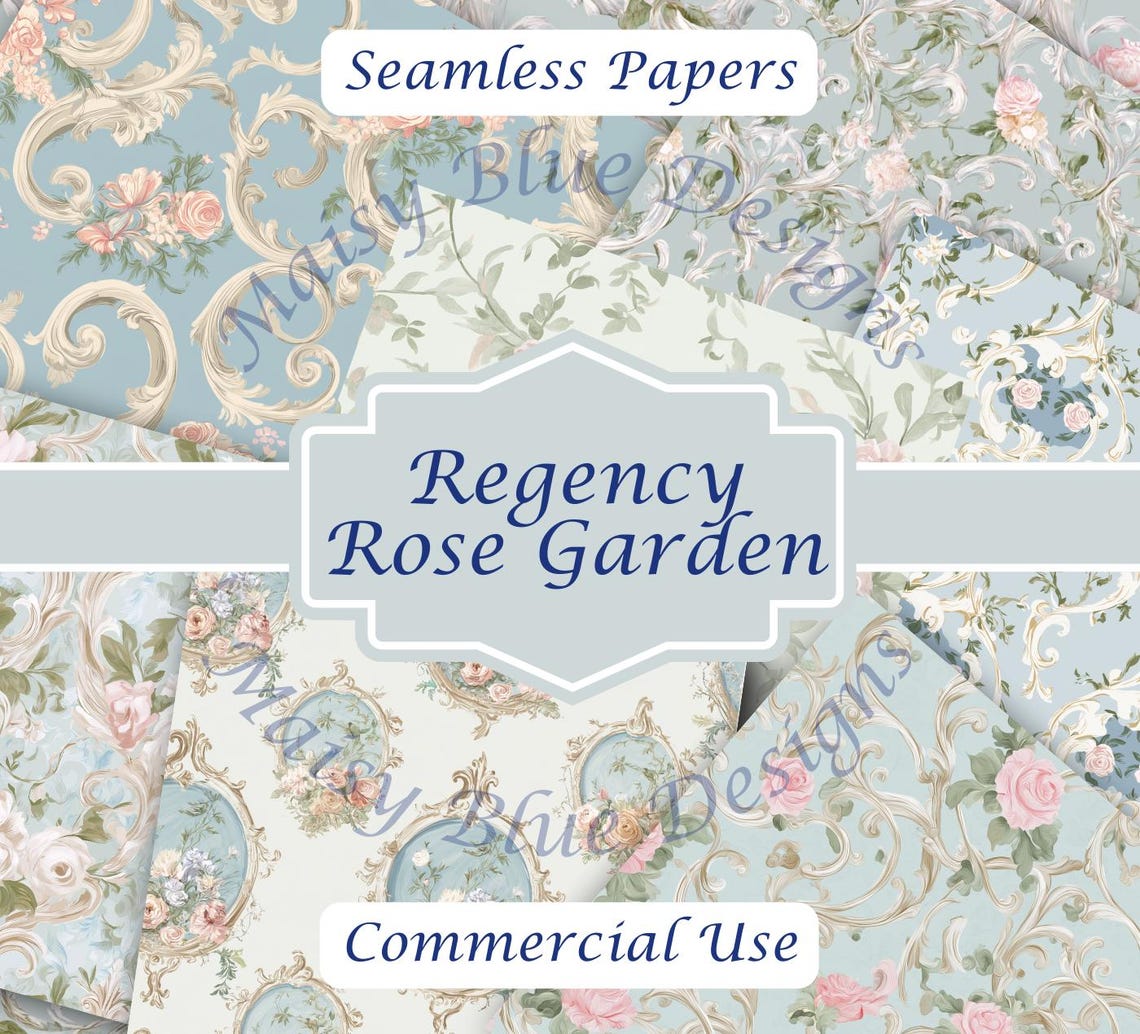 Regency Paper Regency Rose Garden Digital Paper Pack, Floral Patterns (commercial ...