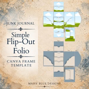 Peut inclure: Un modèle de cadre Canva pour un junk journal simple flip-out folio par Maisy Blue Designs. L'image présente deux variantes de mise en page : l'une avec un motif de ciel bleu et collines vertes, l'autre avec des panneaux beige clair sur fond bleu.