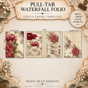 Könnte beinhalten: Eine Canva-Rahmenvorlage für ein Pull-Tab-Wasserfall-Folio mit Vintage-Design, roten Weihnachtssternern, grünen Tannennadeln und cremefarbenen Papiertexturen. Das Layout zeigt ein Vordercover, eine Innenseite mit Taschen und ein Außen-Cover mit einer diagonalen Tasche. Der Text umfasst PULL-TAB WATERFALL FOLIO, CANVA FRAME TEMPLATE, DRAG + DROP YOUR DESIGNS und MAISY BLUE DESIGNS.