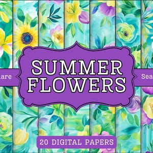Teal Summer Flower Digital Papers, Spring Floral Watercolor Scrapbook paper, bright green flower background commercial use