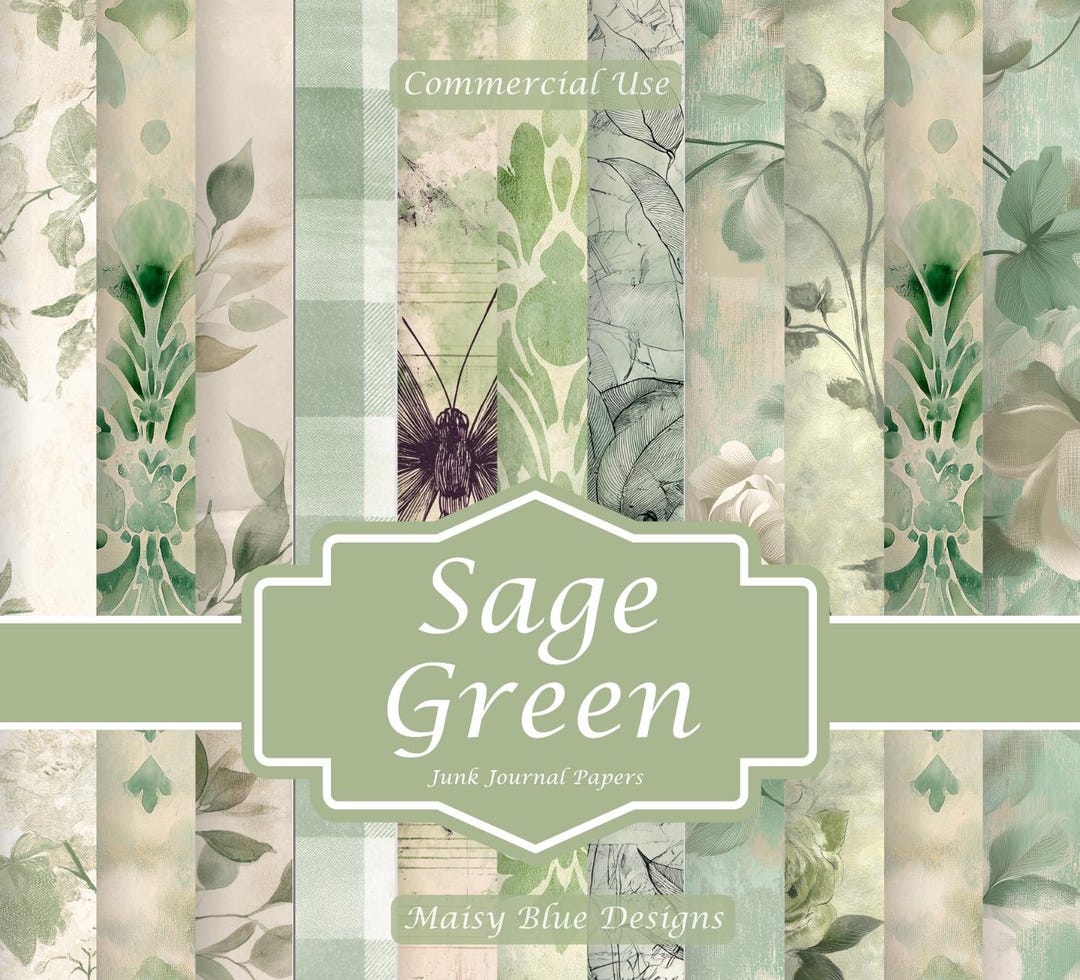 Sage Green Junk Journal Pages Botanical Ephemera, Shabby Chic 8.5x11 ...