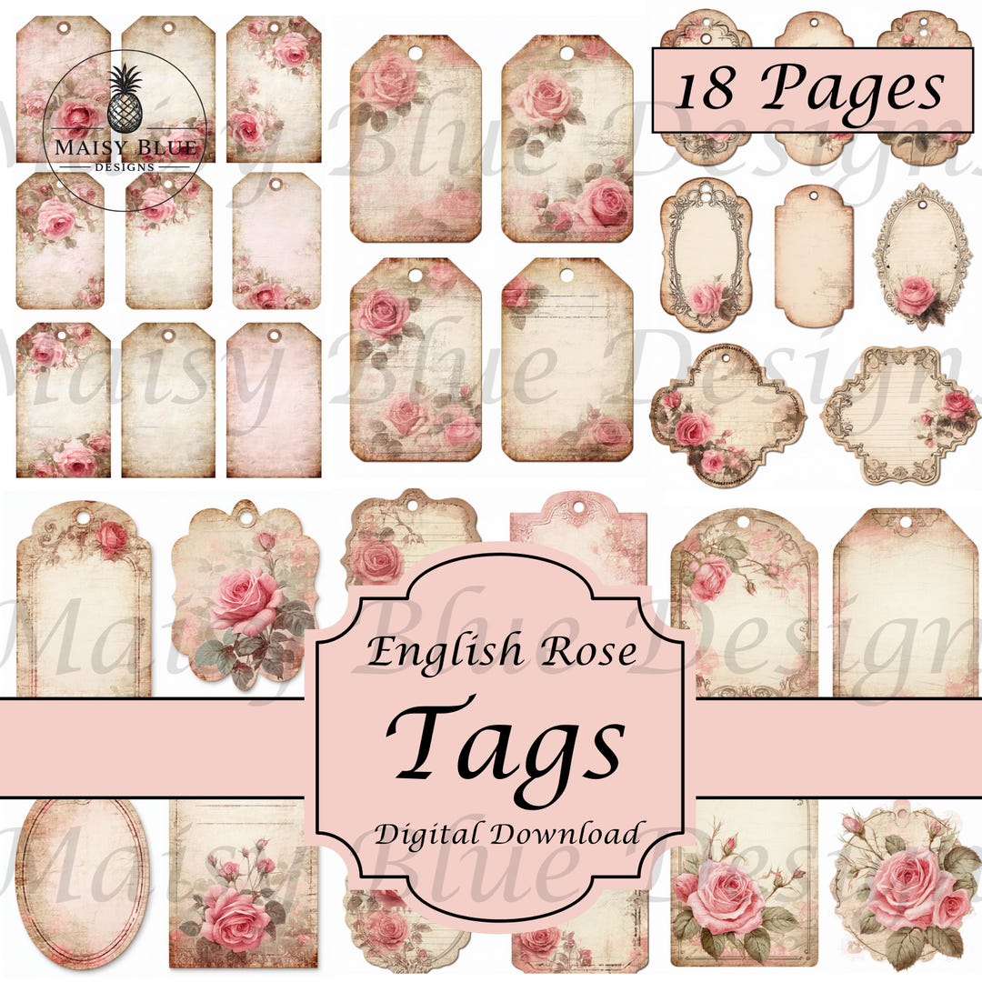 English Rose Junk Journal Tags, Shabby Chic Floral Ephemera (digital ...