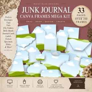 Puede incluir: Un kit digital de marcos para Canva de junk journal con 33 páginas y más de 200 marcos. El diseño incluye varias formas de papel como bolsillos, sobres, etiquetas y pestañas con un patrón gráfico de cielo azul y colinas verdes sobre fondo granate.