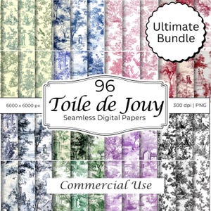 May include: A collection of 96 seamless digital papers featuring Toile de Jouy designs in various colors, including blue, red, green, and purple. The image includes the text "Ultimate Bundle" and "Commercial Use".