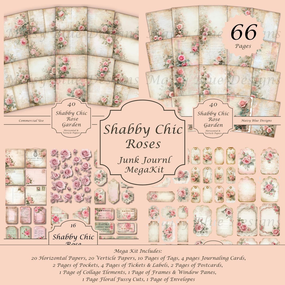 Shabby Chic Rose Garden Junk Journal Kit, 66 Pages, Vintage Floral ...