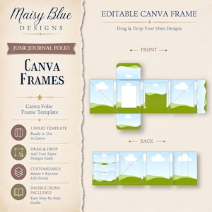May include: A digital junk journal folio template for Canva featuring a landscape design with green hills and blue skies. The layout displays front and back views with editable frames for inserting custom designs, including pockets and fold-out sections.
