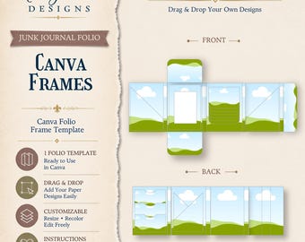 Può includere: Un modello digitale di folio per junk journal su Canva con un design paesaggistico di colline verdi e cielo azzurro. Il layout mostra viste frontali e posteriori con cornici modificabili per inserire design personalizzati, incluse tasche e sezioni.