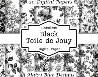 Vintage Black Floral Toile de Jouy, Seamless Digital Paper