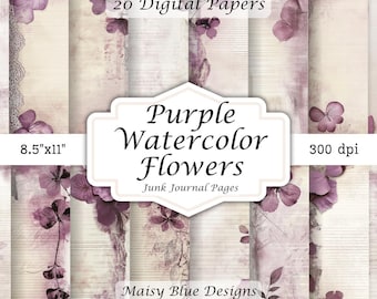 Aquarelpapier met paarse bloemen, plakboekpapier, rommeldagboek (digitale download)