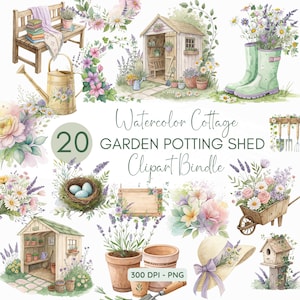 Puede incluir: Un paquete de clipart de acuarela de 20 ilustraciones de cobertizo de jardín para macetas. Las ilustraciones incluyen un cobertizo, flores, una regadera, una carretilla, una casa para pájaros, un nido con huevos, herramientas de jardinería y un sombrero. El texto "Watercolor Cottage Garden Potting Shed Clipart Bundle" está incluido en la imagen. El texto "300 DPI - PNG" también está incluido en la imagen.