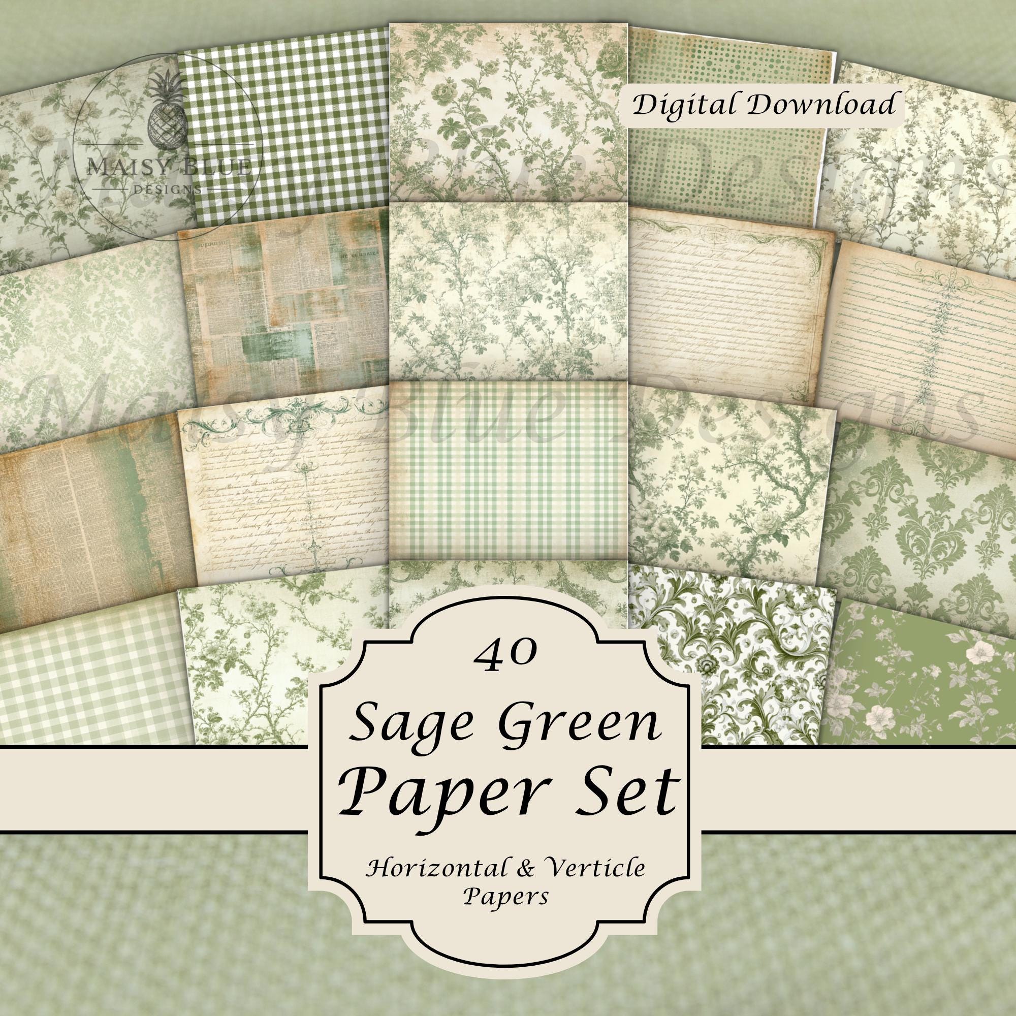 Sage Green Garden Junk Journal Papers, Horizontal & Vertical Scrapbook ...