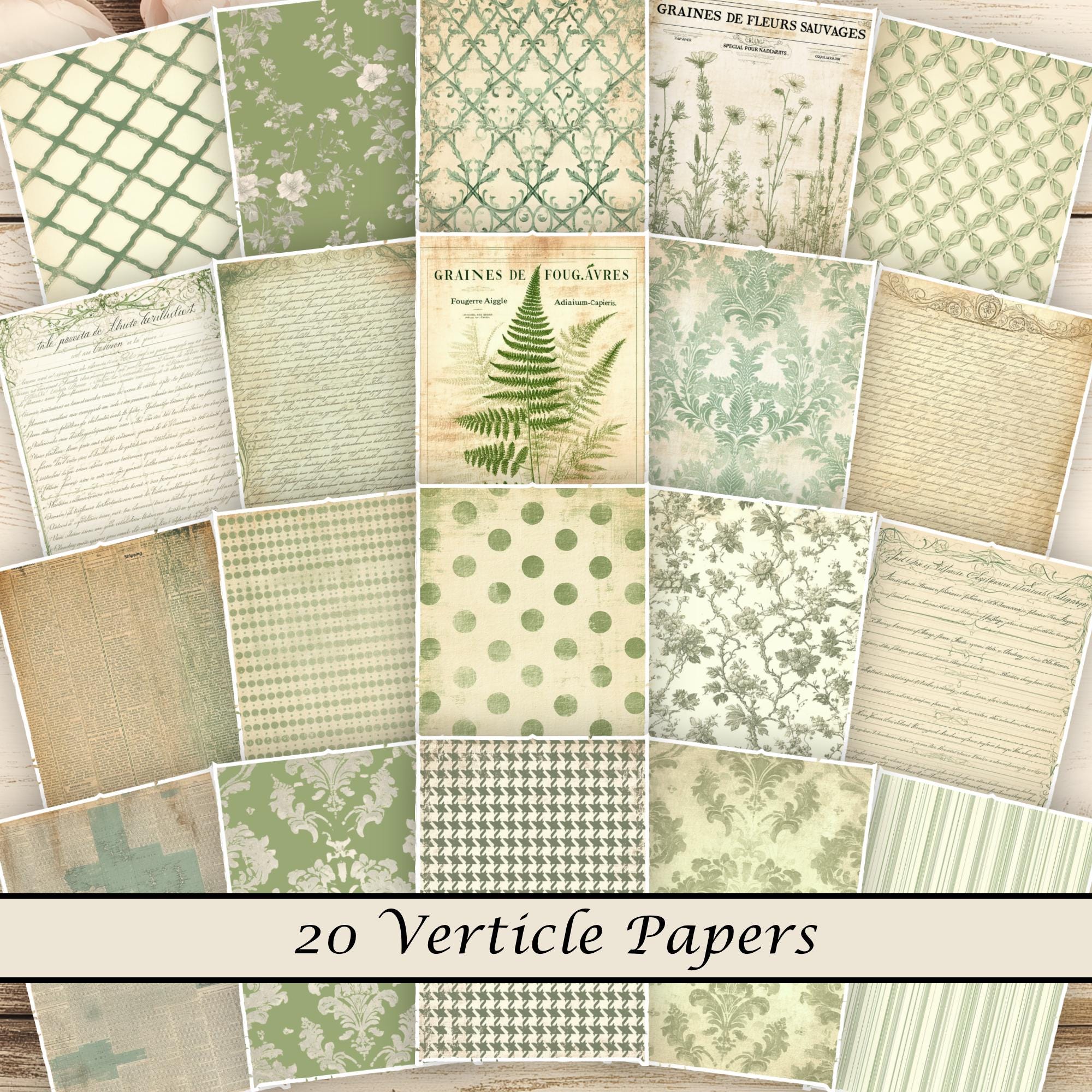 Sage Green Garden Junk Journal Papers, Horizontal & Vertical Scrapbook ...