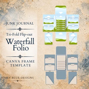 Può includere: Un modello di cornice Canva per folio a cascata pieghevole a tre ante per junk journal di Maisy Blue Designs. Il grafico mostra due varianti di layout: una con motivo a cielo blu e paesaggio verde, e una con pannelli grigio chiaro a tinta unita.